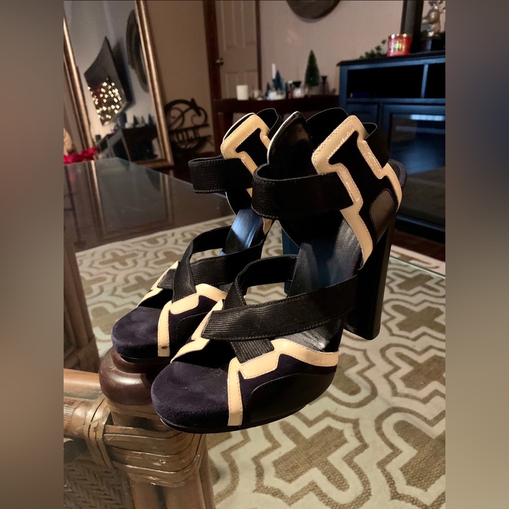 Balenciaga wNavy Black Cream Suede Patent Leather Slingback Peep Toe Heels